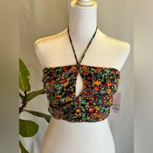 Wild Fable Keyhole Colorful Floral Tie Neck Halter Crop Top Size L. NWT.